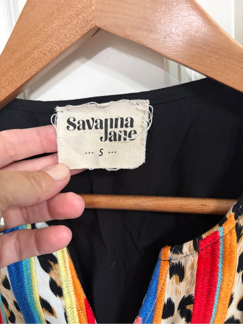 Like new Savanna Jane Black Blouse. Multicolor Embroidered Leopard Yoke Size S - Picture 6 of 9